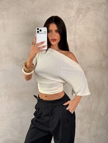 Aloruh Women's Solid Color Ruched Asymmetrical Shoulder Casual Sexy Versatile Daily Wear T-Shirt Summer Top Going Out Night Out Beige - Apricot - View 6