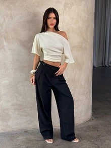 Aloruh Women's Solid Color Ruched Asymmetrical Shoulder Casual Sexy Versatile Daily Wear T-Shirt Summer Top Going Out Night Out Beige - Apricot - View 3