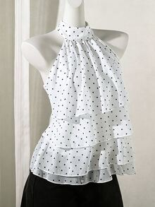 SHEIN Sparklyn 青少年女孩法式波點掛脖雪紡背心上衣，夏季新款優雅露背荷葉邊層次感上衣 - 黑與白 - 查看 1