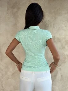 Aloruh Women's Floral Lace Button-Down Elegant Blouse Summer Beach High Tea For Woman Vacation Boho Tropical Mint Green Shirt - Blue - View 2