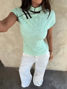 Aloruh Women's Floral Lace Button-Down Elegant Blouse Summer Beach High Tea For Woman Vacation Boho Tropical Mint Green Shirt - Blue - View 5