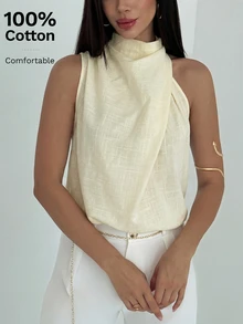 Aloruh 女士优雅裹身领不对称荷叶边装饰休闲通勤衬衫 - 杏色 - 查看 2
