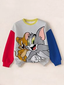 TOM & JERRY X SHEIN 小男孩休閒拼色卡通印花運動衫 - 白色 - 查看 1