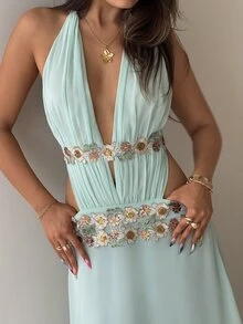 Aloruh Mint Green Elegant Tropical Sweet Chiffon Date Holiday Vacation Night Deep V Ruched Floral Trim Open Back Bodycon A-Line Maxi Dress For Women Holiday Summer,Graduation Dress - Green - View 1