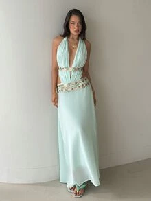 Aloruh Mint Green Elegant Tropical Sweet Chiffon Date Holiday Vacation Night Deep V Ruched Floral Trim Open Back Bodycon A-Line Maxi Dress For Women Holiday Summer,Graduation Dress - Green - View 3