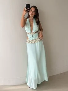Aloruh Mint Green Elegant Tropical Sweet Chiffon Date Holiday Vacation Night Deep V Ruched Floral Trim Open Back Bodycon A-Line Maxi Dress For Women Holiday Summer,Graduation Dress - Green - View 5