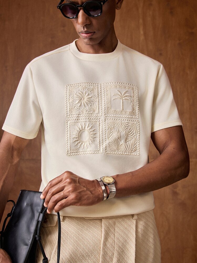 AKNOTIC Business Casual Men's Short Sleeve Palm Tree Embroidery Round Neck Casual T-Shirt , Summer Casual Streetwear Beach Vacation Tee , Father's Day Gifts, Football - Brown - View 8
