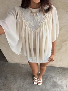 Aloruh 波西米亚风雪纺杏色拼接浪漫约会不对称下摆修身女式衬衫 - 杏色 - 查看 7