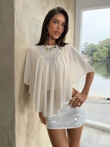 Aloruh 波西米亚风雪纺杏色拼接浪漫约会不对称下摆修身女式衬衫 - 杏色 - 查看 6