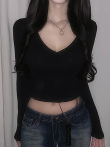DAZY 女款純色修身V領長袖抓皺優雅性感度假風春夏秋冬打底上衣T恤，適合日常與夜晚外出，黑色Y2K風格 - 黑色 - 查看 5