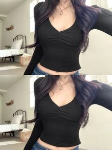 DAZY 女款純色修身V領長袖抓皺優雅性感度假風春夏秋冬打底上衣T恤，適合日常與夜晚外出，黑色Y2K風格 - 黑色 - 查看 2