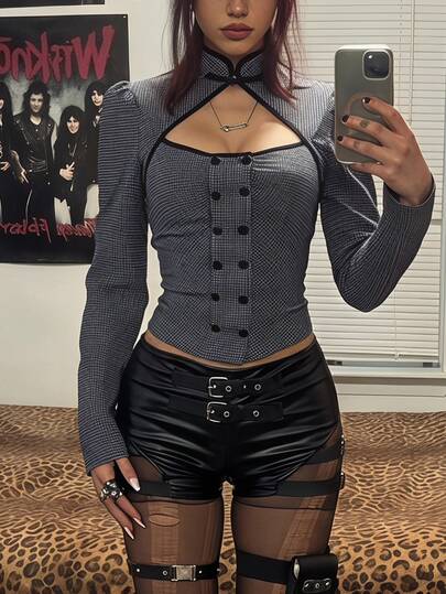 EgrlEra Women New Chinese Chic Grey Plaid Blouse, Qipao Collar Cutout Puff Long Sleeve Slim Fitted Button Shirt For Concert Streetwear Autumn,New Fall Styles