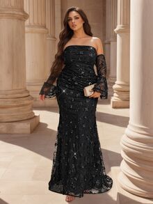Coutiva Plus Size Women's Cold Shoulder Applique Ruched Elegant Classy Cinched Waist Formal Dinner Evening Gown Dress Wedding Black Fall Christmas Halloween - Black - View 5