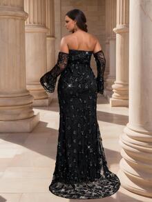 Coutiva Plus Size Women's Cold Shoulder Applique Ruched Elegant Classy Cinched Waist Formal Dinner Evening Gown Dress Wedding Black Fall Christmas Halloween - Black - View 2