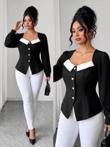 SHEIN LUNE CURVE Plus Size Women's Elegant Business Casual Black And White Colorblock Square Neck Puff Sleeve Pearl Button Front Slit Hem A-Line Top Fall Blouse Dinner - Black and White - View 7