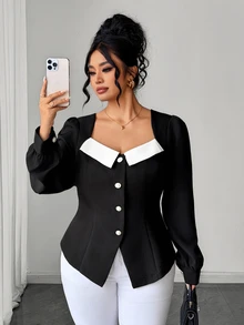 SHEIN LUNE CURVE Plus Size Women's Elegant Business Casual Black And White Colorblock Square Neck Puff Sleeve Pearl Button Front Slit Hem A-Line Top Fall Blouse Dinner - Black and White - View 6