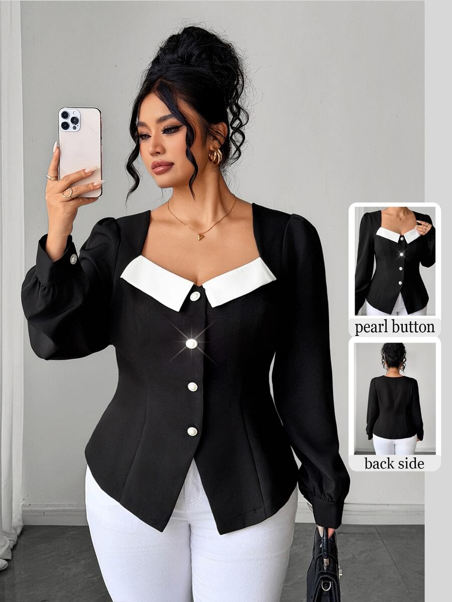 SHEIN LUNE CURVE Plus Size Women's Elegant Business Casual Black And White Colorblock Square Neck Puff Sleeve Pearl Button Front Slit Hem A-Line Top Fall Blouse Dinner - Black and White - View 1