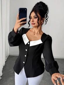 SHEIN LUNE CURVE Plus Size Women's Elegant Business Casual Black And White Colorblock Square Neck Puff Sleeve Pearl Button Front Slit Hem A-Line Top Fall Blouse Dinner - Black and White - View 5
