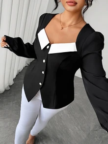 SHEIN LUNE CURVE Plus Size Women's Elegant Business Casual Black And White Colorblock Square Neck Puff Sleeve Pearl Button Front Slit Hem A-Line Top Fall Blouse Dinner - Black and White - View 4