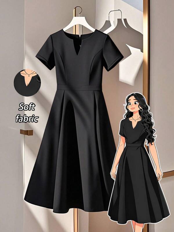 GlowEve CURVE Plus Size Elegant Solid Color Notched Neck Dress, Summer