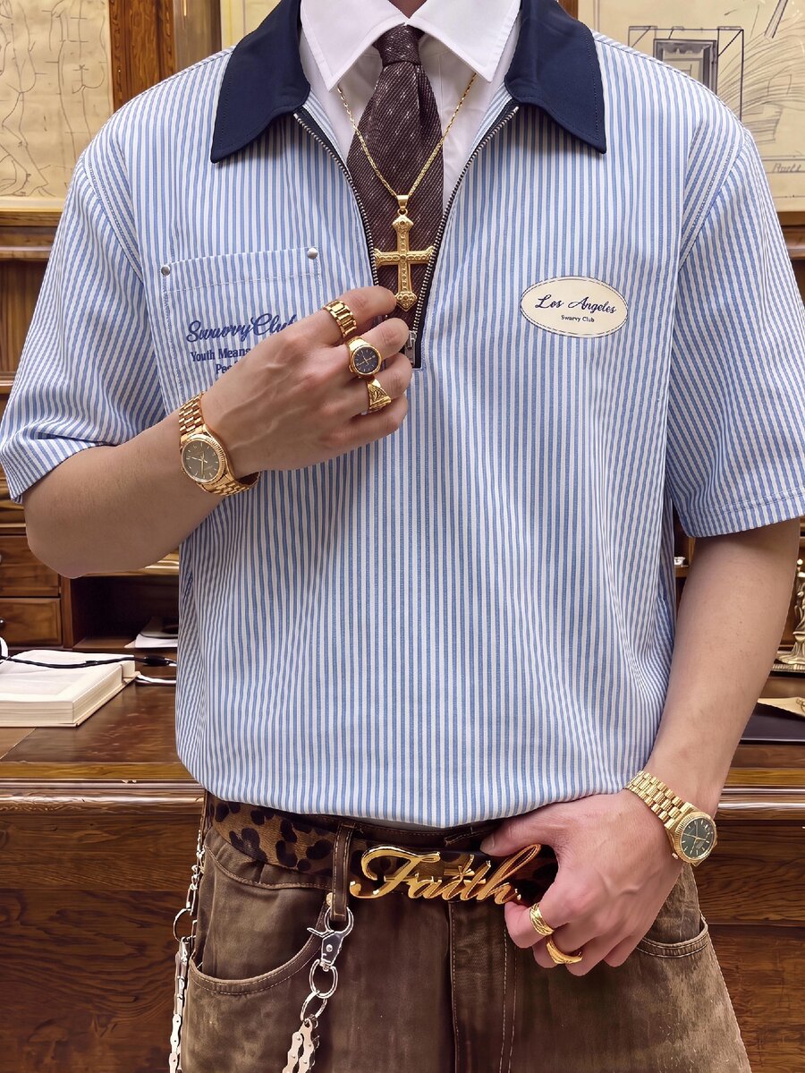SWAVVY Spring/Summer Men's Casual Printed Shirt - Blue - View 1