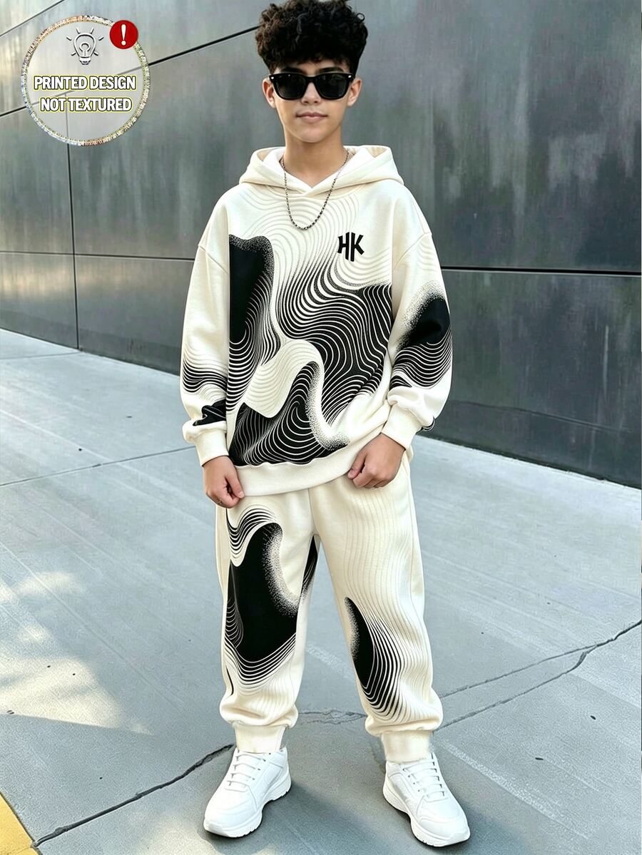 連帽長袖運動衫與長褲套裝,高品質時尚數位印花,適合男孩秋季穿著,舒適極簡休閒街頭風日常穿搭 - 彩色 - 查看 1