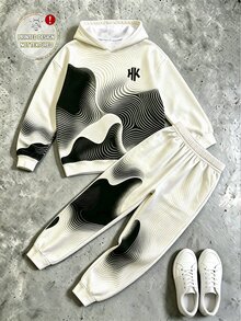 連帽長袖運動衫與長褲套裝，高品質時尚數位印花，適合男孩秋季穿著，舒適極簡休閒街頭風日常穿搭 - 彩色 - 查看 6