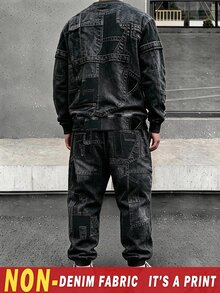 2件組青少年男孩丹寧色水洗拼接皇冠字母印花運動衫＋慢跑長褲套裝，圓領長袖套頭上衣，鬆緊腰收口長褲，加厚街頭休閒兩件式套裝，適合秋冬 - 彩色 - 查看 2