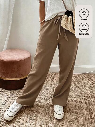 SHEIN French Vintage Woven Khaki Straight Leg Pants, Women's Casual Long Pants, Elegant Women's Long Pants, Autumn Women's Long Pants, Autumn, Country Style Long Pants, Country Style, Country Style, Holiday, Women's Casual Long Pants