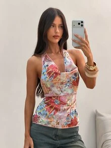 Aloruh Women's Elegant Tropical Pink Floral Sequins Embroidered Draped Neck Backless Blouse, Summer Boho Beach Vacation Holiday Sequin Top, Old Money Top - Multicolor - View 2
