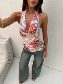 Aloruh Women's Elegant Tropical Pink Floral Sequins Embroidered Draped Neck Backless Blouse, Summer Boho Beach Vacation Holiday Sequin Top, Old Money Top - Multicolor - View 7