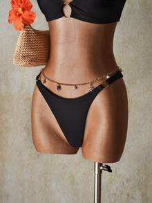 SHEIN ICON Women Black Tropical Beach Summer Beach Solid Color Ring Linked Bikini Bottom - Black - View 3