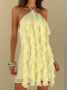 Aloruh Women's Elegant Tie-Up Halter Neck Multi-Layer Ruffle Backless Chiffon Mini Dress, Pale Yellow Summer Elegant Vacation Holiday Beach Cocktail Party - Light Yellow - View 1