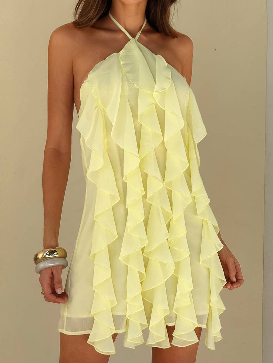 Aloruh Women's Elegant Tie-Up Halter Neck Multi-Layer Ruffle Backless Chiffon Mini Dress, Pale Yellow Summer Elegant Vacation Holiday Beach Cocktail Party - Light Yellow - View 1