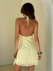 Aloruh Women's Elegant Tie-Up Halter Neck Multi-Layer Ruffle Backless Chiffon Mini Dress, Pale Yellow Summer Elegant Vacation Holiday Beach Cocktail Party - Light Yellow - View 2