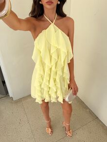 Aloruh Women's Elegant Tie-Up Halter Neck Multi-Layer Ruffle Backless Chiffon Mini Dress, Pale Yellow Summer Elegant Vacation Holiday Beach Cocktail Party - Light Yellow - View 7