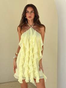 Aloruh Women's Elegant Tie-Up Halter Neck Multi-Layer Ruffle Backless Chiffon Mini Dress, Pale Yellow Summer Elegant Vacation Holiday Beach Cocktail Party - Light Yellow - View 3