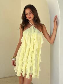Aloruh Women's Elegant Tie-Up Halter Neck Multi-Layer Ruffle Backless Chiffon Mini Dress, Pale Yellow Summer Elegant Vacation Holiday Beach Cocktail Party - Light Yellow - View 4