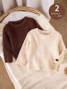 LMoss Kids Baby Boy Solid Color Knit Crew Neck Casual Autumn Sweater 2pcs Set Thick For Winter - Brown - View 5