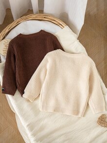 LMoss Kids Baby Boy Solid Color Knit Crew Neck Casual Autumn Sweater 2pcs Set Thick For Winter - Brown - View 2