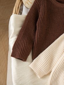 LMoss Kids Baby Boy Solid Color Knit Crew Neck Casual Autumn Sweater 2pcs Set Thick For Winter - Brown - View 3