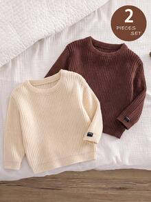LMoss Kids Baby Boy Solid Color Knit Crew Neck Casual Autumn Sweater 2pcs Set Thick For Winter - Brown - View 7