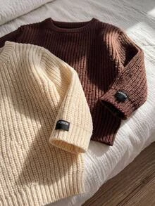 LMoss Kids Baby Boy Solid Color Knit Crew Neck Casual Autumn Sweater 2pcs Set Thick For Winter - Brown - View 1
