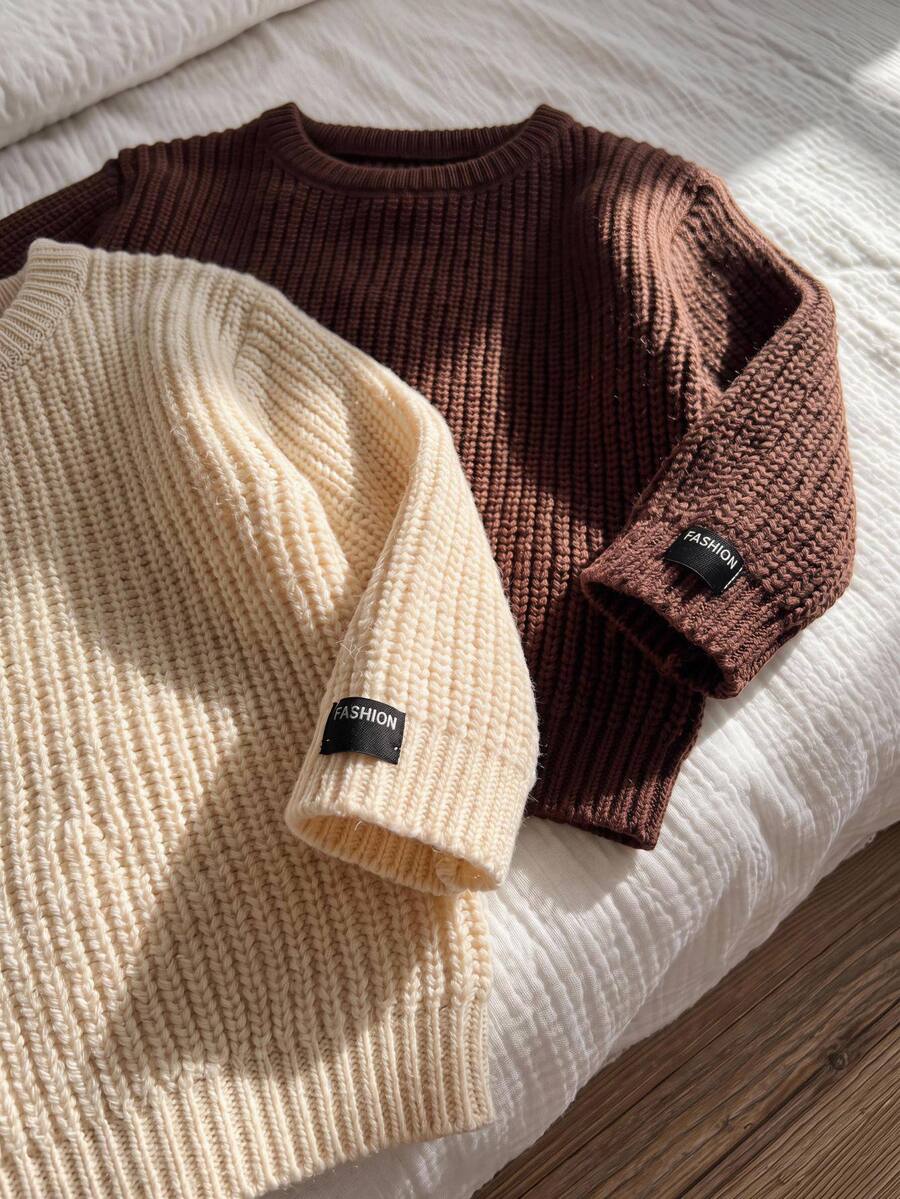 LMoss Kids Baby Boy Solid Color Knit Crew Neck Casual Autumn Sweater 2pcs Set Thick For Winter - Brown - View 1