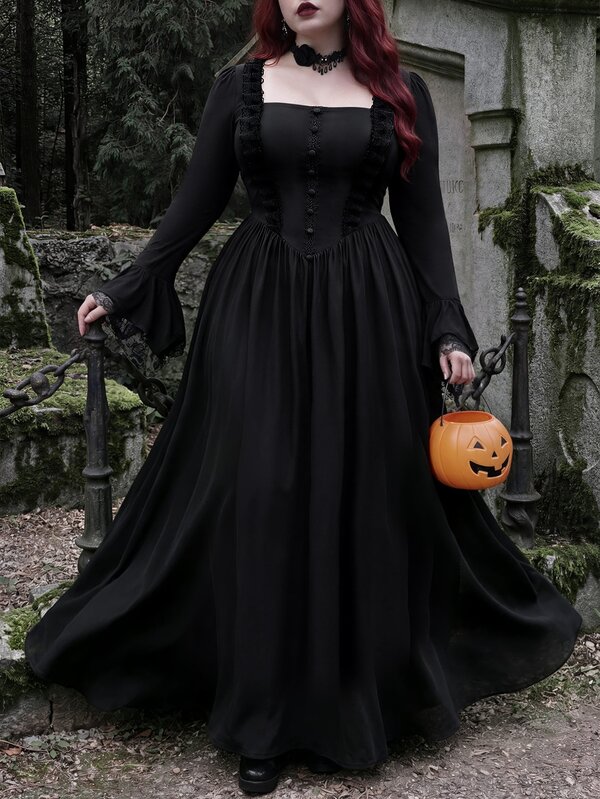 Whyspr Plus Size Women's Gothic Punk Style Long Black Square Neck Asymmetrical Rose Contrast Lace Fabric Long Sleeve Dress - Lace Trim Collar Design, Button Placket Design, Elegant Vintage, Elegant Court Style Party Dress, Suitable For Halloween, New Year, Christmas, All Season Wear, Autumn Dress
