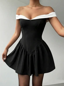 Aloruh Black & White Contrast Color Off Shoulder Bodycon Ruffle Hem Short Dress, Romantic For Date, Party, Valentine's Day - Black and White - View 7