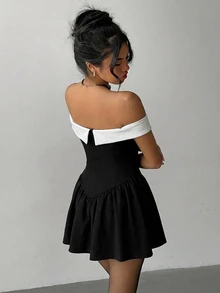 Aloruh Black & White Contrast Color Off Shoulder Bodycon Ruffle Hem Short Dress, Romantic For Date, Party, Valentine's Day - Black and White - View 3