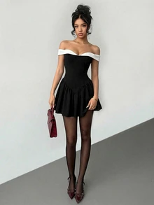 Aloruh Black & White Contrast Color Off Shoulder Bodycon Ruffle Hem Short Dress, Romantic For Date, Party, Valentine's Day - Black and White - View 5