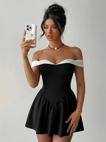 Aloruh Black & White Contrast Color Off Shoulder Bodycon Ruffle Hem Short Dress, Romantic For Date, Party, Valentine's Day - Black and White - View 6