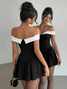 Aloruh Black & White Contrast Color Off Shoulder Bodycon Ruffle Hem Short Dress, Romantic For Date, Party, Valentine's Day - Black and White - View 2
